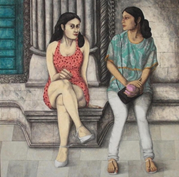 Tempera on canvas painting titled  A Meaningful Chatter