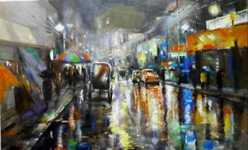  Acrylic on Canvas painting titled Magical Monsoons in Kolkata