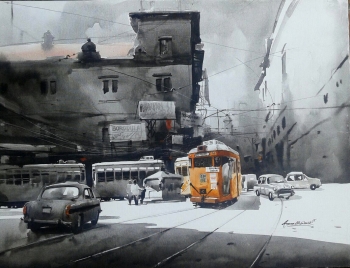 Acrylic on Canvas painting titled A Journey through Kolkata- V