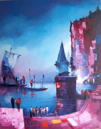 arcylic on canvas painting titled Morning Prayers at the Ghats