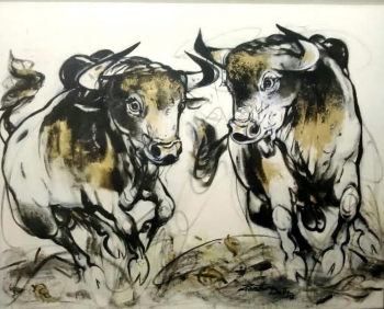 Acrylic on Canvas painting titled Running Bulls