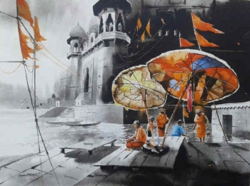 Acrylic on Canvas painting titled The Ghats of Varanasi