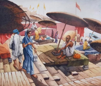 Watercolour on paper painting titled A Sunny Morning at Benares Ghat