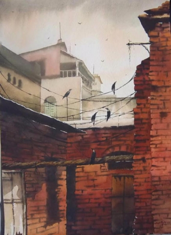 Watercolour on paper painting titled A Kolkata Alley