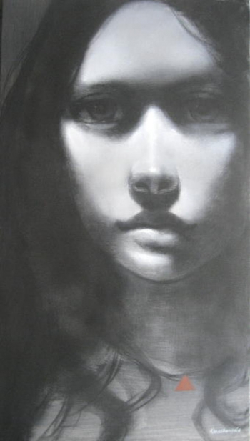 Charcoal & Acrylic on canvas painting titled The Intensity of Her Gaze