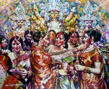 Acrylic on Canvas painting titled The Joyous Celebrations of Sindhoor Khela