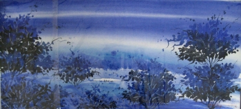 Watercolour on paper painting titled Blue Mist over the Valley