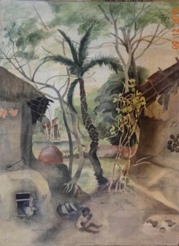 Watercolour on Silk painting titled The Village Yard