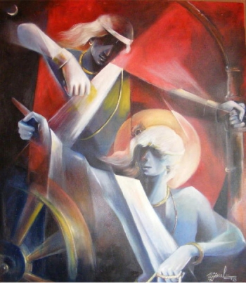 Oil & Acrylic on Canvas painting titled Krishna's Updesh