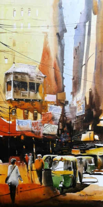 Acrylic on canvas painting titled The Heritage of Kolkata IV