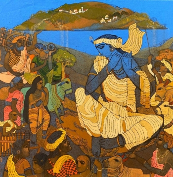 Acrylic on Canvas painting titled Krishna at Govardhan