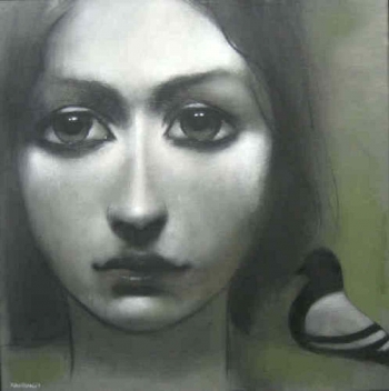 Charcoal & Acrylic on canvas painting titled An innocent gaze
