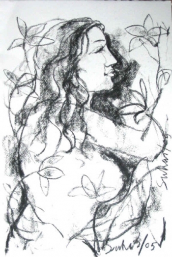Charcoal on paper painting titled Radha with Lilies