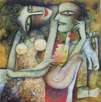Tempera on canvas board painting titled Tales of Love