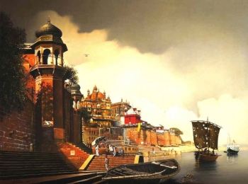 Oil & Acrylic on Canvas painting titled Sunrise at the Ramnagar Fort, Varanasi