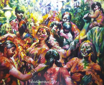 Acrylic on Canvas painting titled Uninhibited Celebrations of Holi