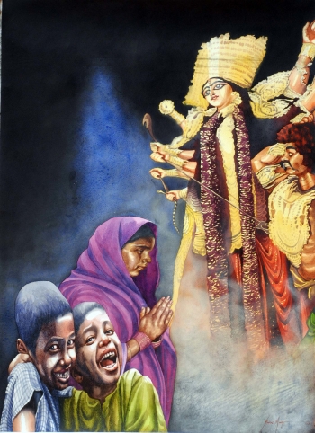 Watercolour on Paper painting titled Revelry around Goddess Durga