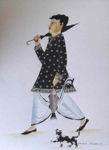 veg dye on paper painting titled Bengali Babu with Fish