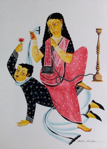 veg dye on paper painting titled Bengali Babu in Love
