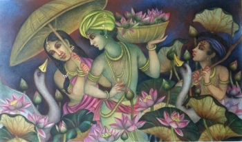 tempera on canvas painting titled Krishna Leela
