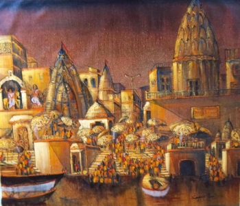 Acrylic on canvas painting titled The Magical Ghats of Benares