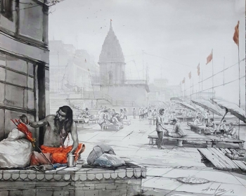 Watercolour on Paper painting titled Sadhus at the Varanasi Ghats II