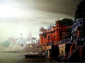 Oil & Acrylic on Canvas painting titled Prayers at Benares Ghats