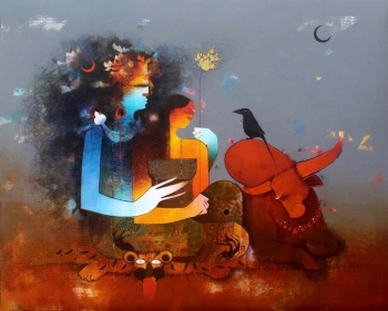Charcoal & Acrylic on canvas painting titled Shiva, Parvati & Nandi