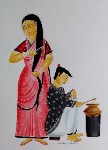 veg dye on paper painting titled Bengali Babu at the Hearth