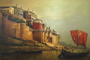 Oil & Acrylic on Canvas painting titled Ramnagar Fort Palace, Benares I