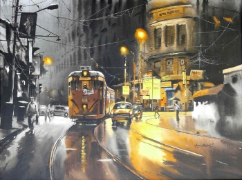 arcylic on canvas painting titled A Journey through Kolkata VIII