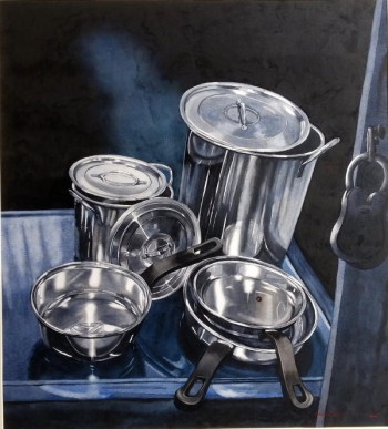 Watercolour on paper painting titled Still life with Pans