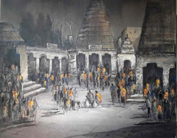 Acrylic on canvas painting titled At the Temple Courtyard