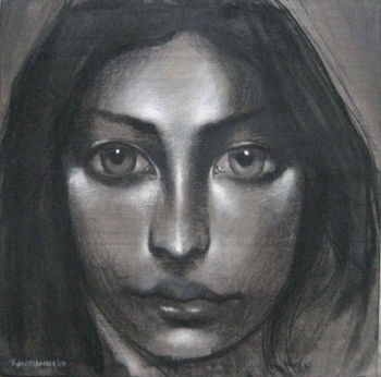 Charcoal & Acrylic on canvas painting titled Her gentle gaze