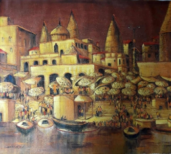 Acrylic on canvas painting titled The Golden Ghats at Dusk