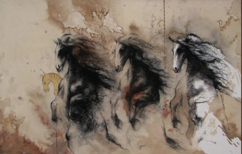 Mixed Media on paper painting titled Stallions in Action VIII