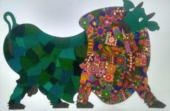 Mixed media on Canvas board painting titled The Royal Bull in Green