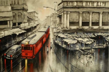 Watercolour on Paper painting titled A Rainy Day in Kolkata- V