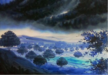 Watercolour on paper painting titled The Rolling Blue Valley