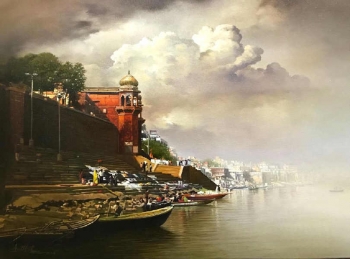 Oil & Acrylic on Canvas painting titled Soulful Tranquility at the Ghats