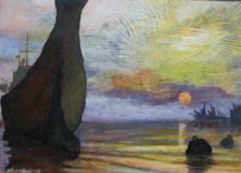 Acrylic on Board painting titled Sunrise at Sea II