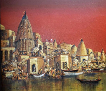Acrylic on canvas painting titled The Ghats at Sunrise
