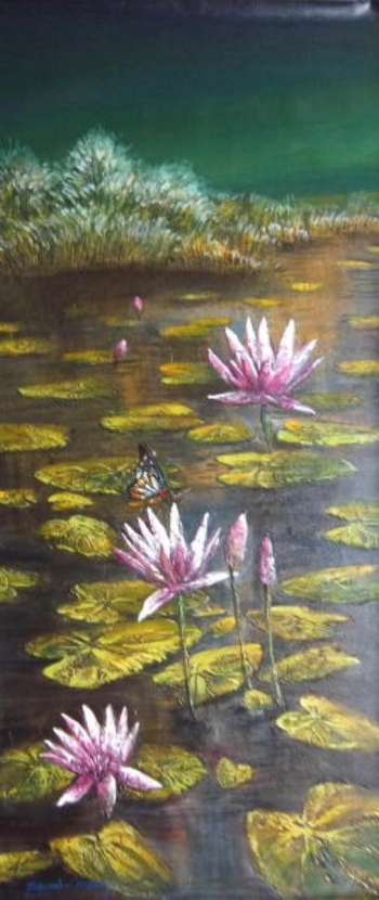 Acrylic on Canvas painting titled Beautiful Lotus Pond