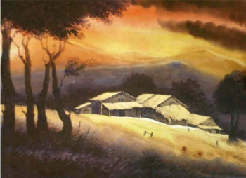 Watercolour on paper painting titled Sunset by the hillside