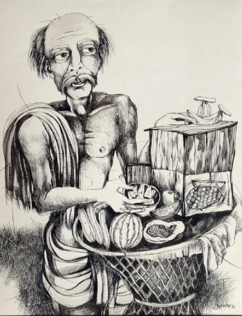 Pen & Ink on Paper painting titled The Fruit Seller