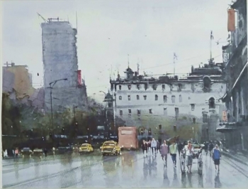 Watercolor on paper painting titled A Rain-soaked Day on Kolkata Streets