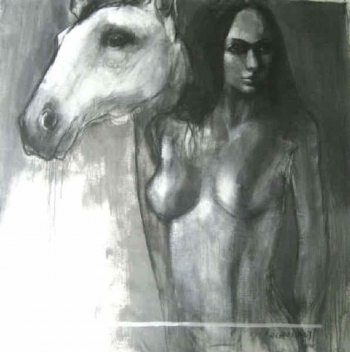 Charcoal & Acrylic on canvas painting titled Companions