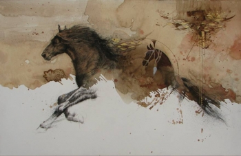  Mixed Media on paper painting titled Stallions in Action I