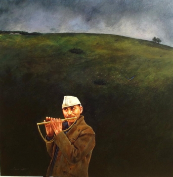 Acrylic on Canvas painting titled Man with the golden flute