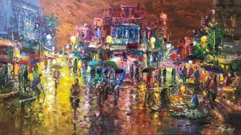 Acrylic on Canvas painting titled An Illuminated Indian Street in Monsoons
